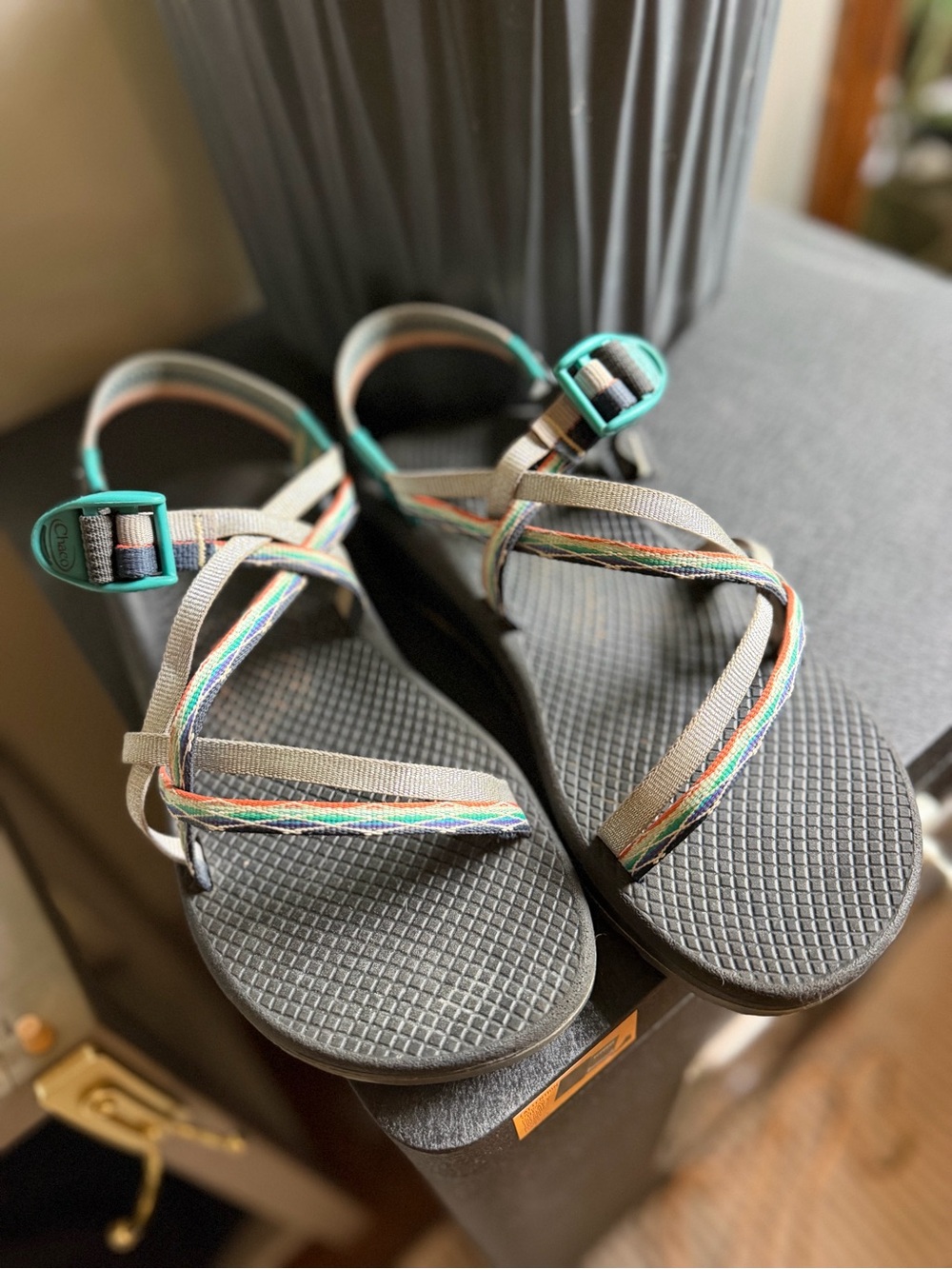 Chaco Women's Gray Sport Sandals with Teal Buckles and Multicolor Straps